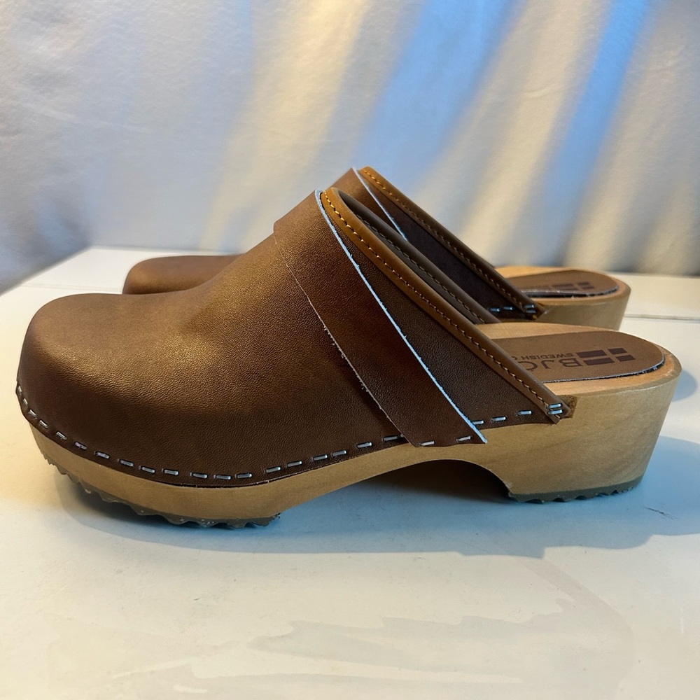 BJORK Maja Brown Leather Mule Clog with Wooden Sole Open Back Sz 39  8-8.5 - Picture 2 of 16